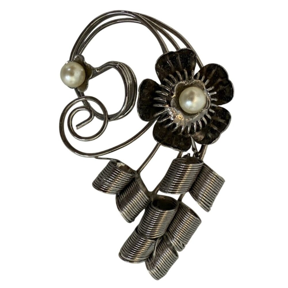 Vintage Sterling Silver Floral Brooch with Faux Pearl Accents Mid-Century Modern